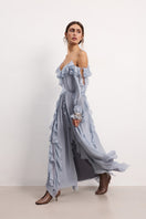 OvertheSea Morning Forest gray-blue maxi dress with flowing fabric and floral print, perfect for casual and summer wear.