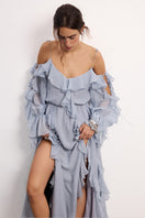 Overthesea Morning Forest gray-blue maxi dress with flowy fabric and floral pattern, perfect for casual and summer wear.