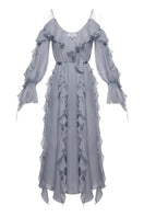 OvertheSea Morning Forest Gray-Blue Maxi Dress displayed on a model, flowing fabric, and elegant design perfect for casual or semi-formal wear.