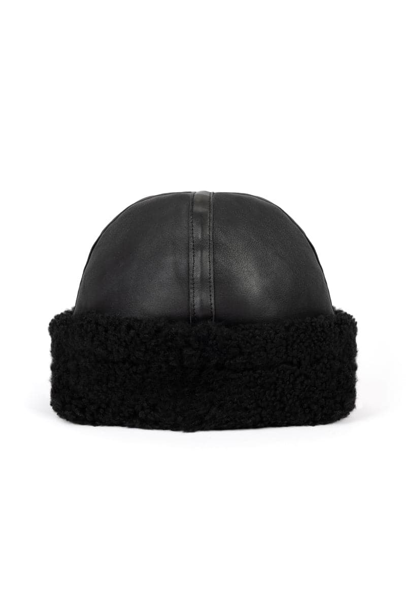 Verheyen Zina biker shearling hat with a cozy, plush shearling lining and stylish leather exterior, perfect for cold weather.