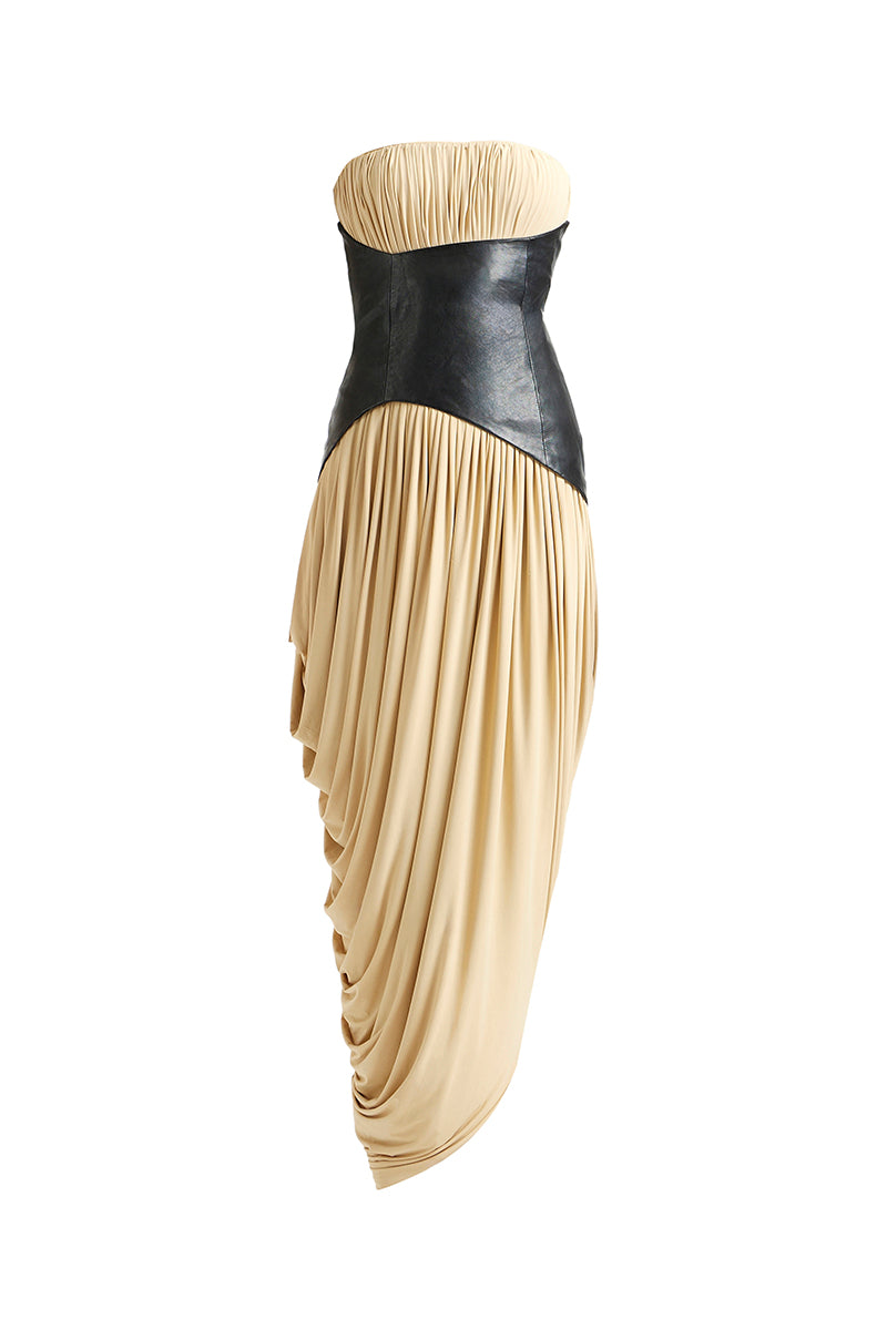 Gold Erin maxi dress by Deme By Gabriella featuring elegant draping and a flowing silhouette, perfect for special occasions.