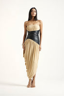 Deme By Gabriella Erin gold maxi dress with flowing fabric and elegant design, perfect for formal occasions.