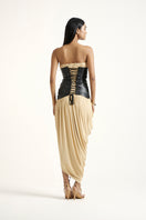 Deme by Gabriella Erin gold maxi dress with elegant flowing fabric and sleeveless design, perfect for formal occasions.
