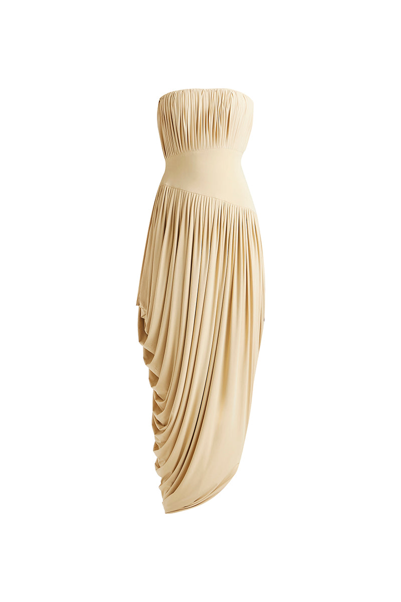erin fetherston gold dress ERIN Erin Fetherston Strapless Gown - Lurex Shirred