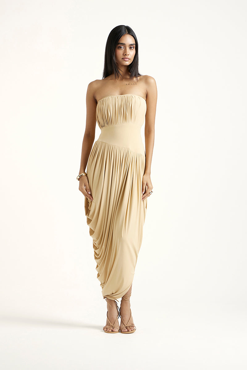 Deme By Gabriella Erin Gold Maxi Dress featuring flowing fabric and elegant design, perfect for formal occasions.