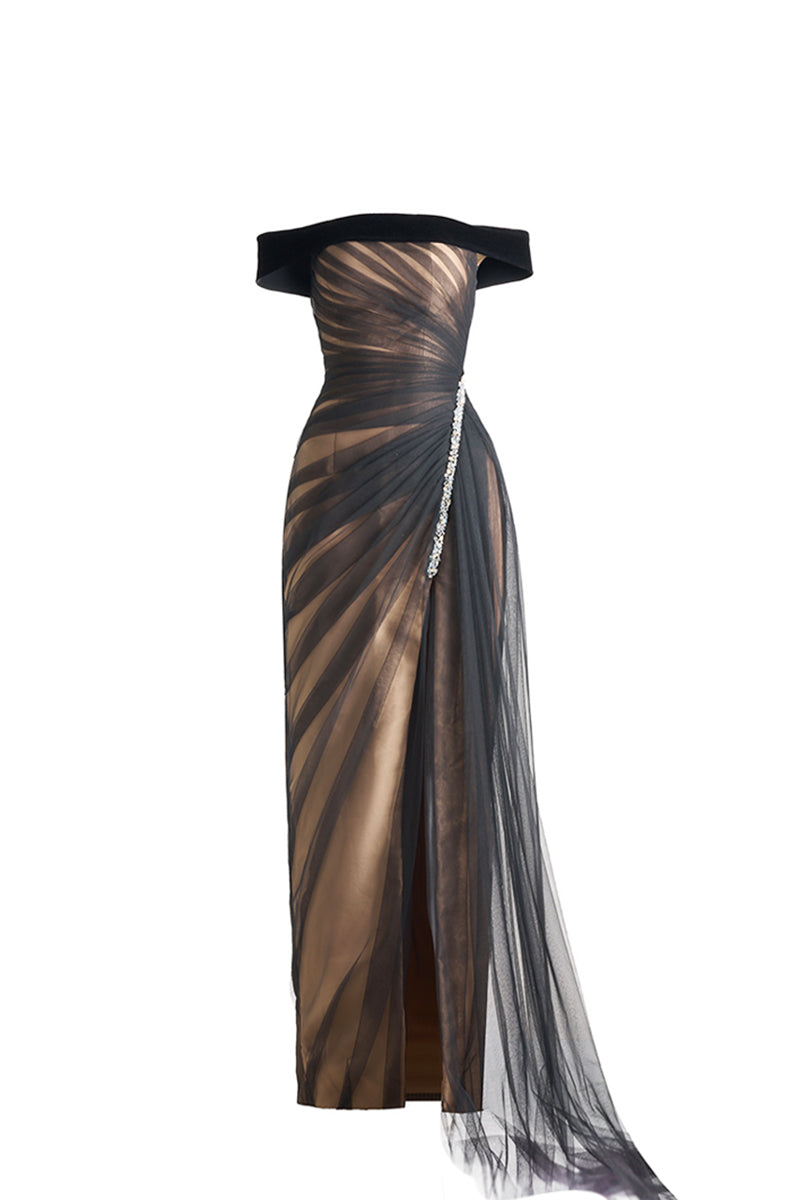 OFF SHOULDER ORGANZA MAXI DRESS IN BLACK