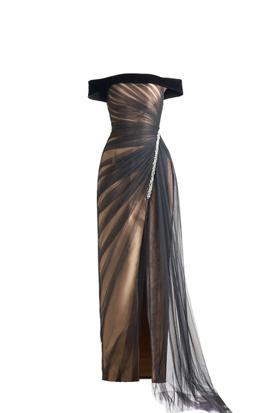 OFF SHOULDER ORGANZA MAXI DRESS IN BLACK | CULT MIA | HAPPY CLOTHING