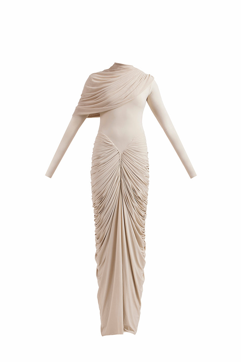 ELORA BEIGE DRAPED GOWN - CULT MIA