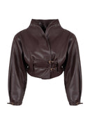 Kris Marán leather kimono jacket in rich chocolate brown, stylish and lightweight for a sleek, modern look.