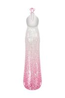White to pink gradient halter neck backless gown by Sudi Etuz, flowing design perfect for elegant occasions.
