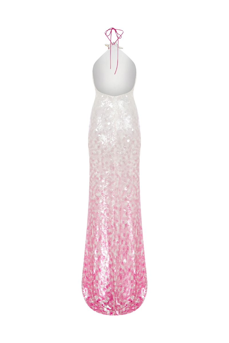White to pink gradient halter neck backless gown by Sudi Etuz, flowing design perfect for elegant occasions.
