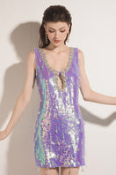 Purple Valenciani mini dress with sequins and a keyhole cutout, stylish sleeveless party dress for women.