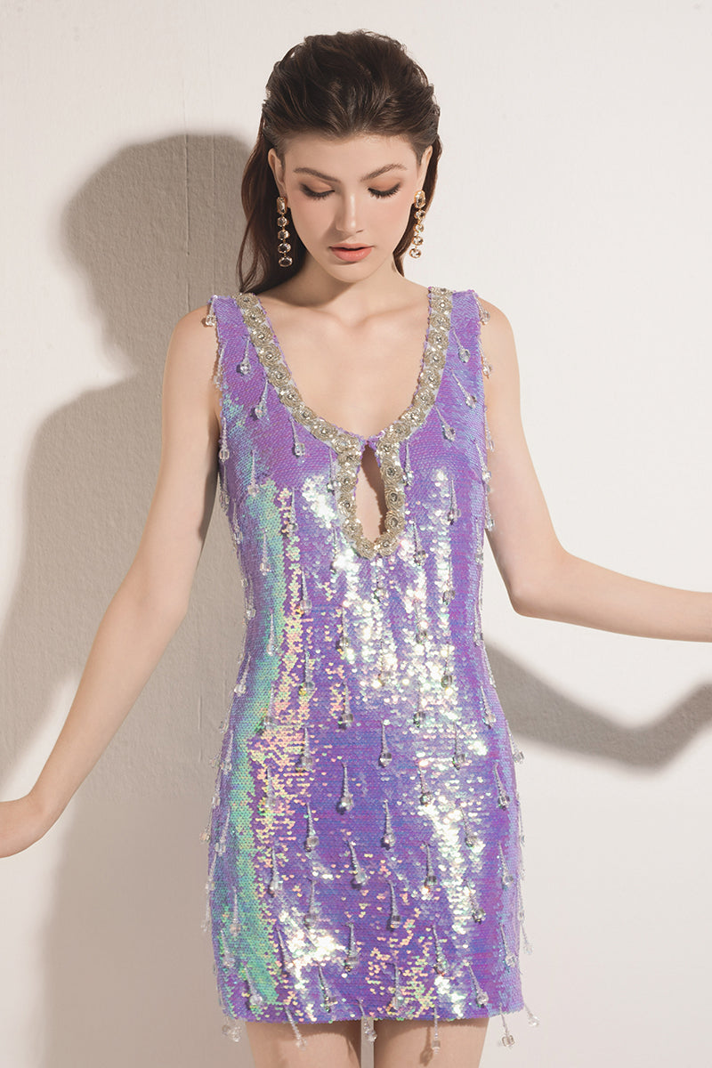 Purple Valenciani mini dress with sequins and a keyhole cutout, stylish sleeveless party dress for women.