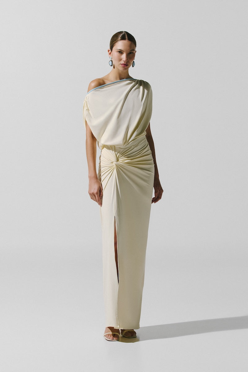 Baobab Waves Maxi Dress in Pastello with flowing fabric and pastel colors, perfect for summer or casual wear.