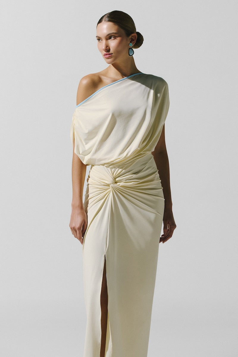 Baobab Waves Maxi Dress in Pastello with flowing fabric and pastel colors, perfect for summer or casual wear.