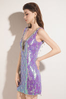 Purple Valenciani mini dress with sequins and a keyhole cutout, stylish party dress with sleeveless design.