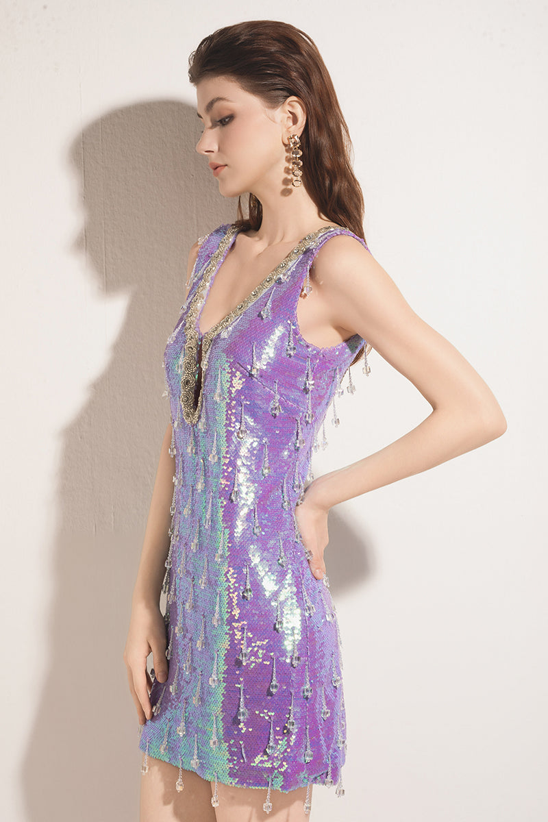 Purple Valenciani mini dress with sequins and a keyhole cutout, stylish party dress with sleeveless design.