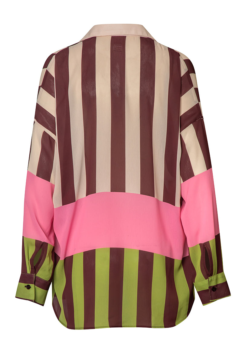 Baobab Lulu shirt in Oliva Rose, featuring lightweight fabric and stylish design, displayed on a hanger.