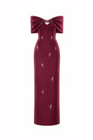 Ruby Bow Midi Dress in wine red by HACCHIC COUTURE, featuring a fitted silhouette, bow detail at the waist, and elegant midi length.