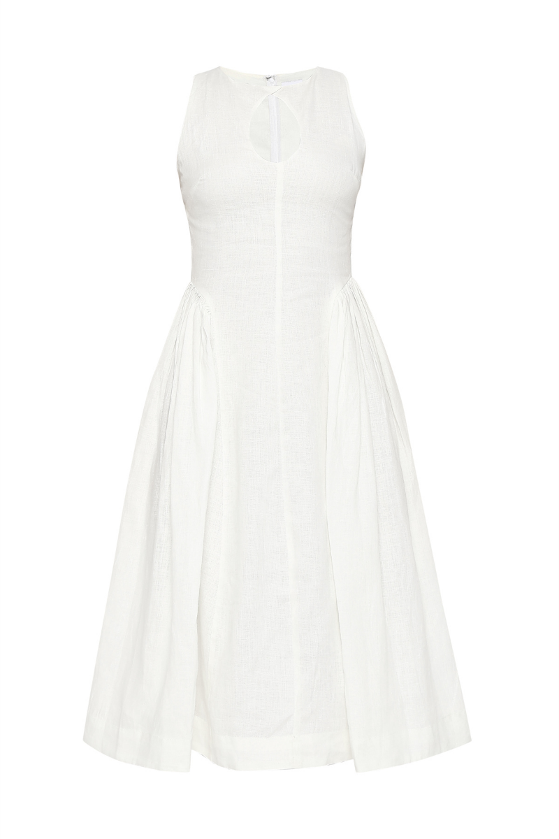 White Pisa midi dress by Summer Away, flowing fabric, sleeveless design, and midi length, perfect for summer or casual occasions.