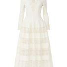 White lace high-neck midi dress by ROSEE DE MATIN, featuring intricate lace details and a fitted silhouette.