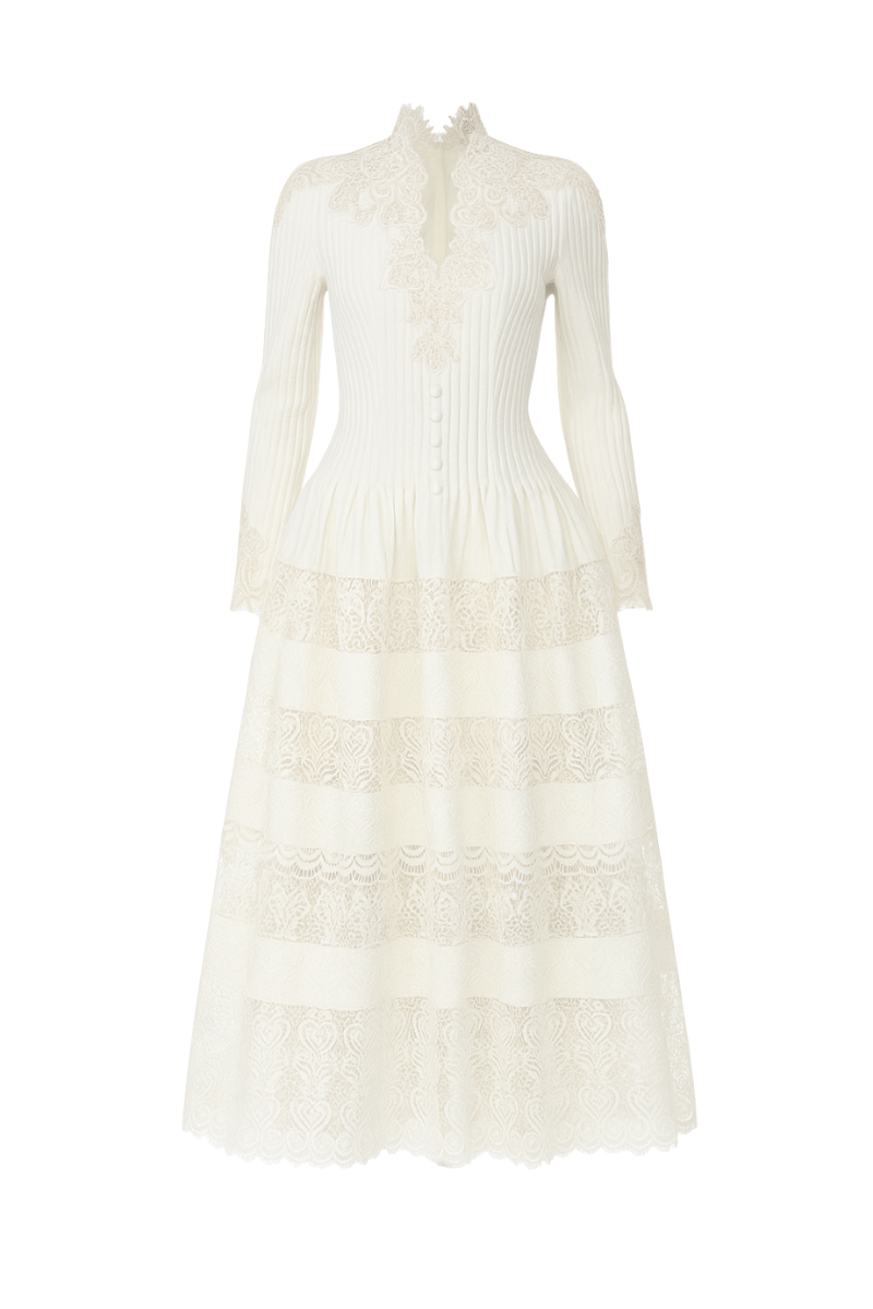 LACE HIGH-NECK MIDI DRESS IN WHITE