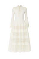 White lace high-neck midi dress by ROSEE DE MATIN, featuring intricate lace details and a fitted silhouette.