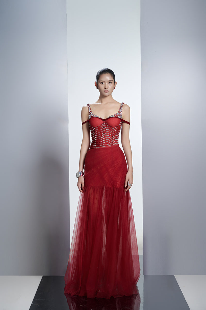 CRIMSON EMBELLISHED CORSET MESH MAXI DRESS IN RED - CULT MIA