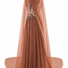 HACCHIC COUTURE Aurora cape gown in cinnamon rose with flowing fabric and elegant design, perfect for formal occasions.