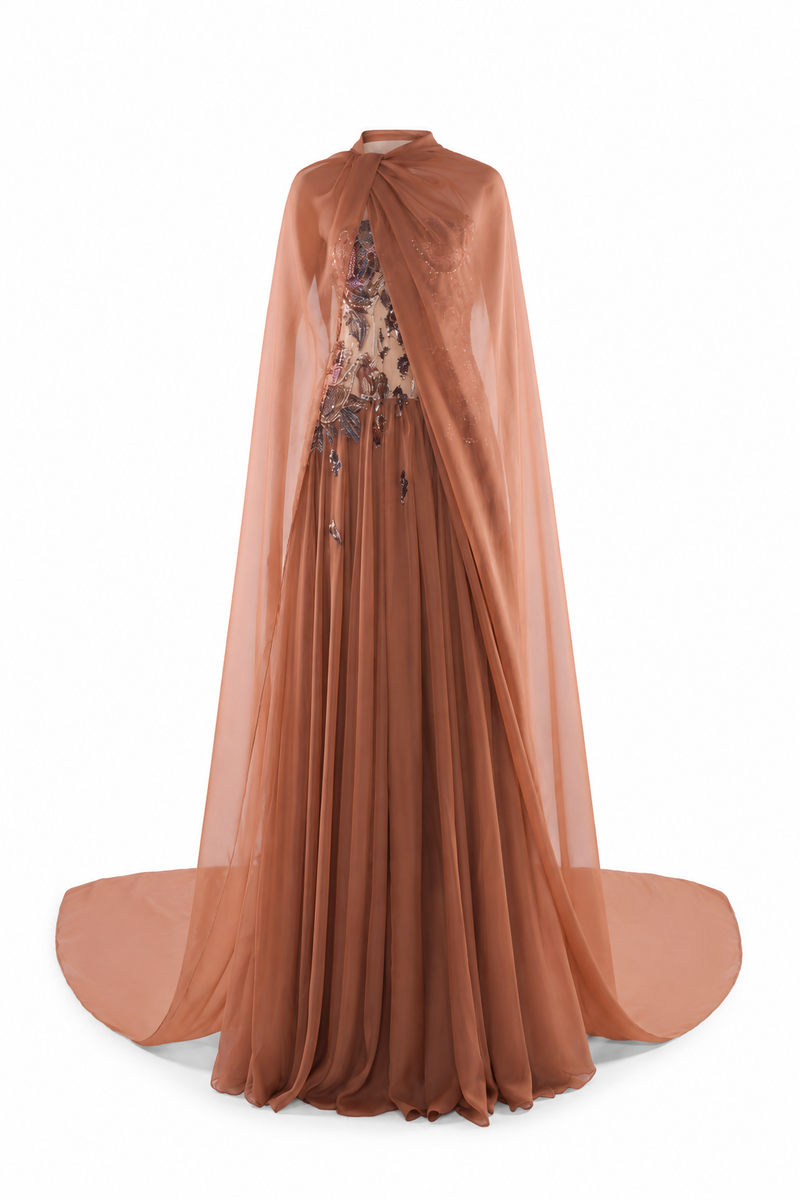 HACCHIC COUTURE Aurora cape gown in cinnamon rose, elegant maxi dress with flowing fabric and stylish design.