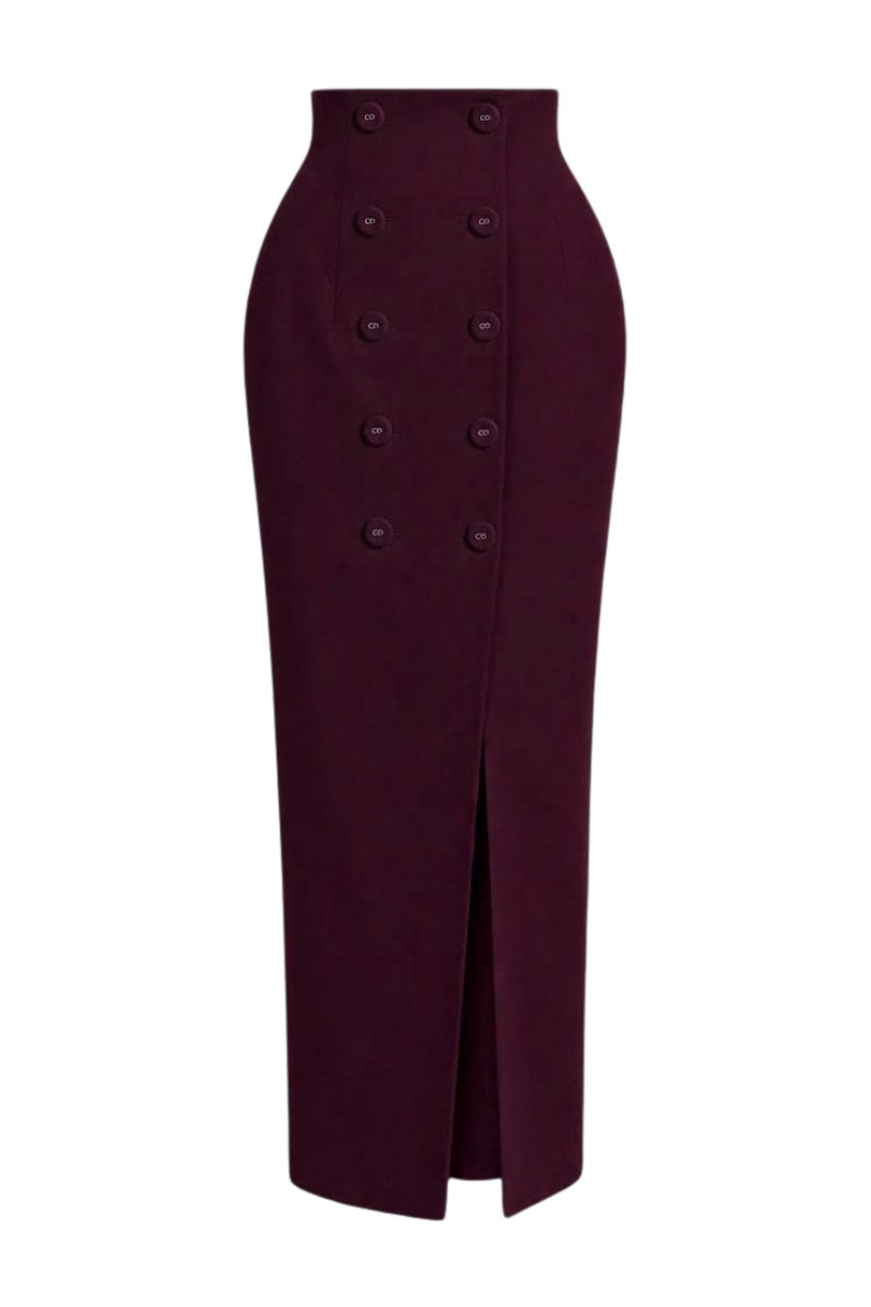 Keira Tong sculpted maxi skirt with button details, flowing fabric, and elegant design, shown from the front.
