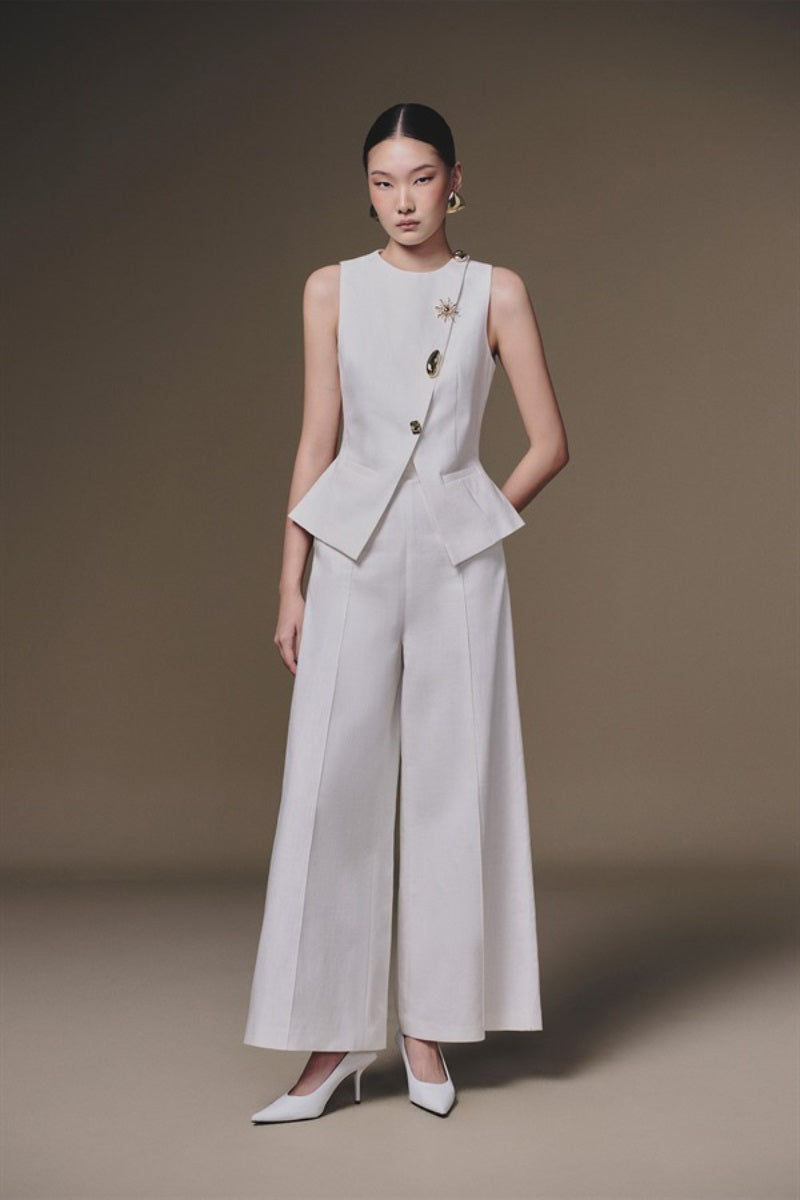 White wide-leg pants by Keira Tong featuring a relaxed fit and full length, shown on a model.