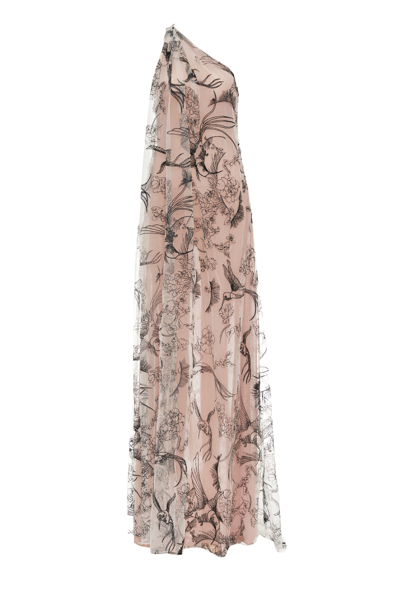 TONYY rustling maxi gown in nude with flowing fabric and elegant design, perfect for formal occasions.