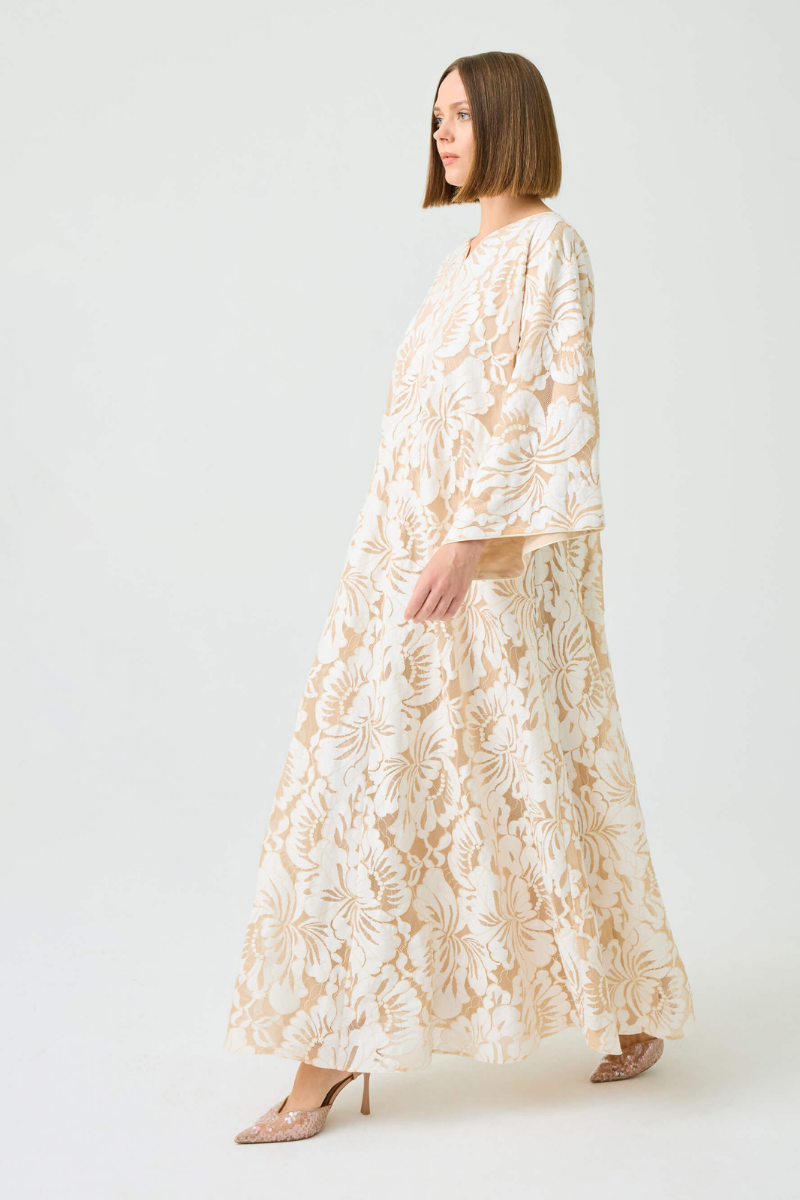 Bocan Couture Estara long zippered maxi dress with beige lace overlay and elegant design.