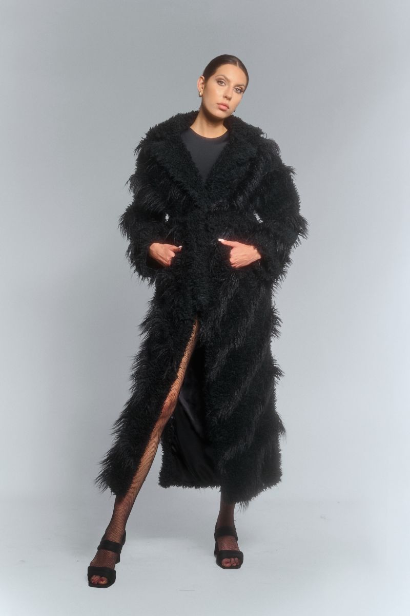 FAUX FUR MAXI COAT WITH DIAGONAL PANELS IN BLACK - CULT MIA