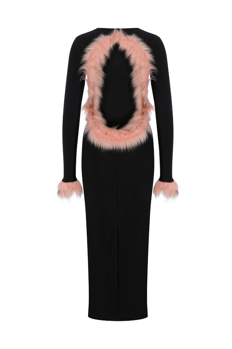 JERSEY BACKLESS MIDI DRESS WITH FAUX FUR TRIMMINGS | CULT MIA | Sudi Etuz JERSEY BACKLESS MIDI DRESS WITH FAUX FUR TRIMMINGS | CULT MIA | Sudi Etuz