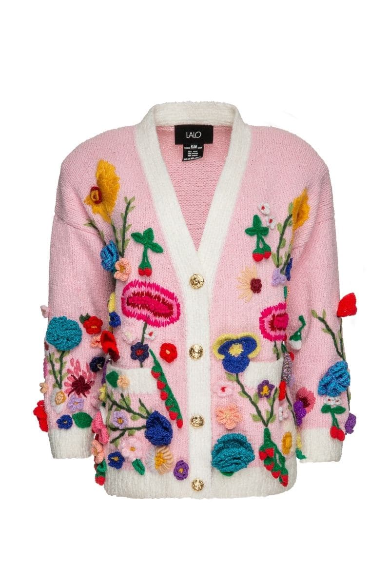 Lalo Floris pink embroidered oversized cardigan with floral embroidery, cozy knit, and relaxed fit displayed on a model.