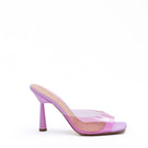 Kolane Margot Mule heels in rose pink transparent with open toe and sleek heel, perfect for stylish summer footwear.