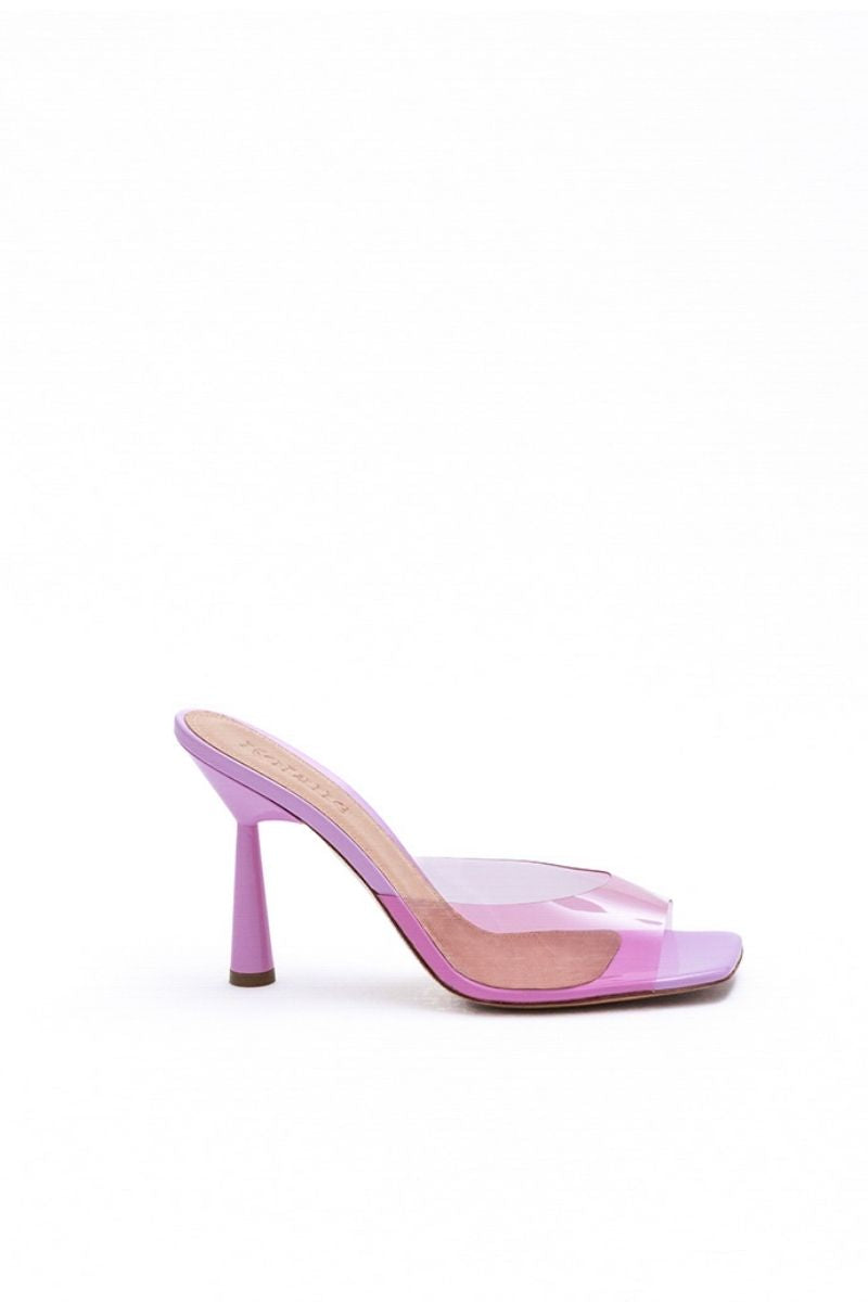 Kolane Margot Mule heels in rose pink transparent with open toe and sleek heel, perfect for stylish summer footwear.