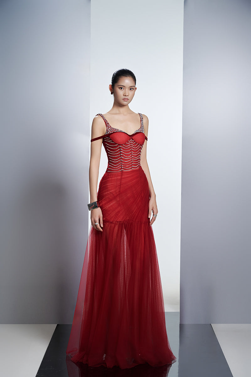 CRIMSON EMBELLISHED CORSET MESH MAXI DRESS IN RED - CULT MIA