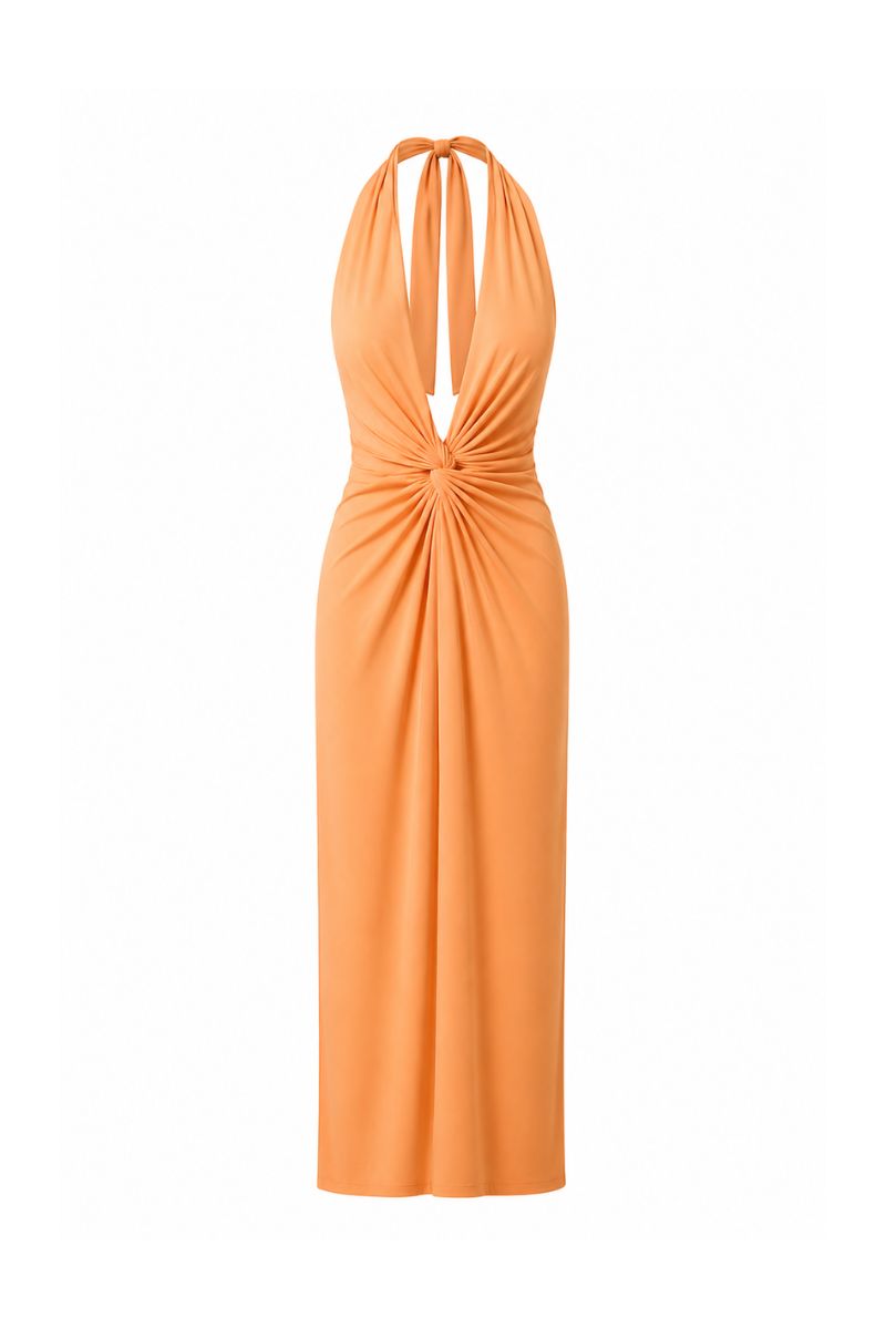 Baobab Eleonora maxi dress in caqui fabric with flowing design and long sleeves, perfect for elegant summer occasions.