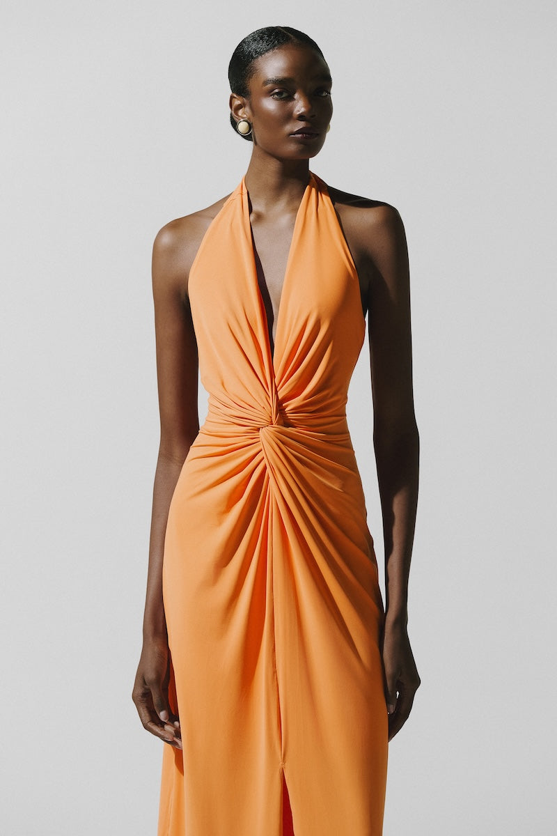 Baobab Eleonora maxi dress in caqui color, flowing fabric, V-neck style, and sleeveless design perfect for summer wear.