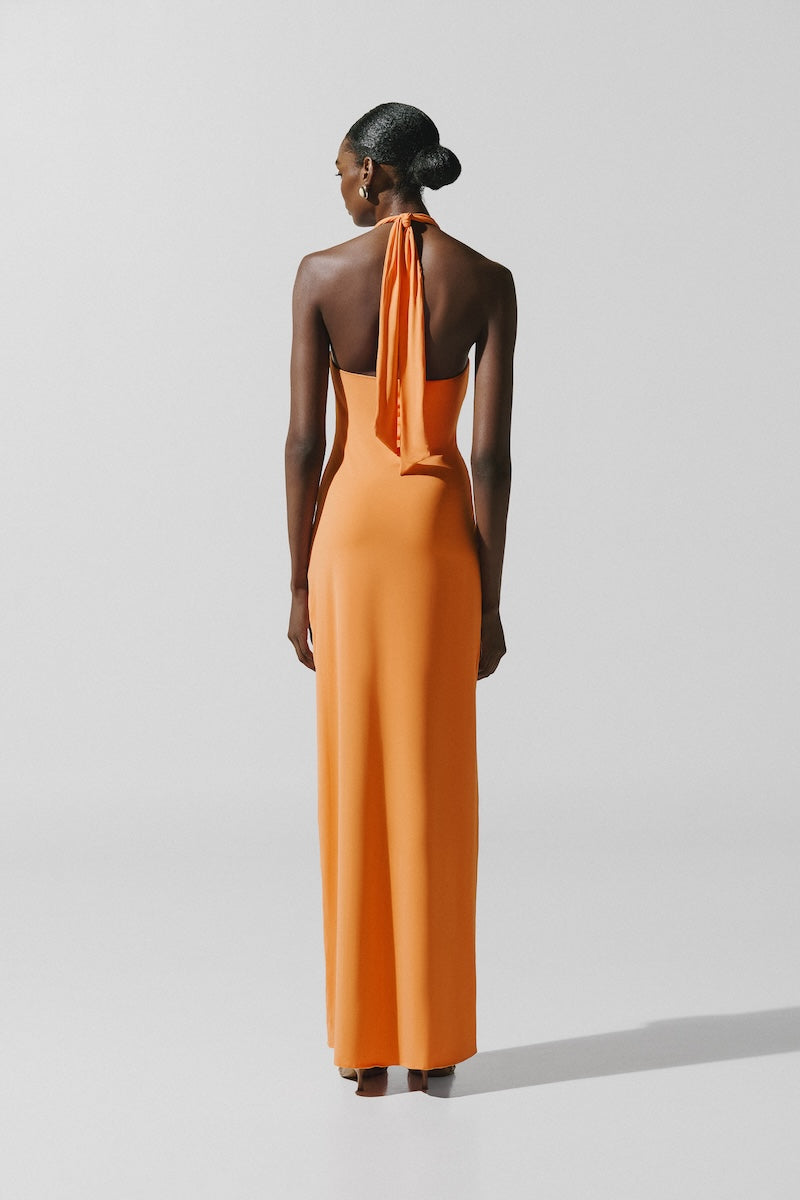 Baobab Eleonora maxi dress in caqui fabric, flowing design with long sleeves and elegant silhouette.