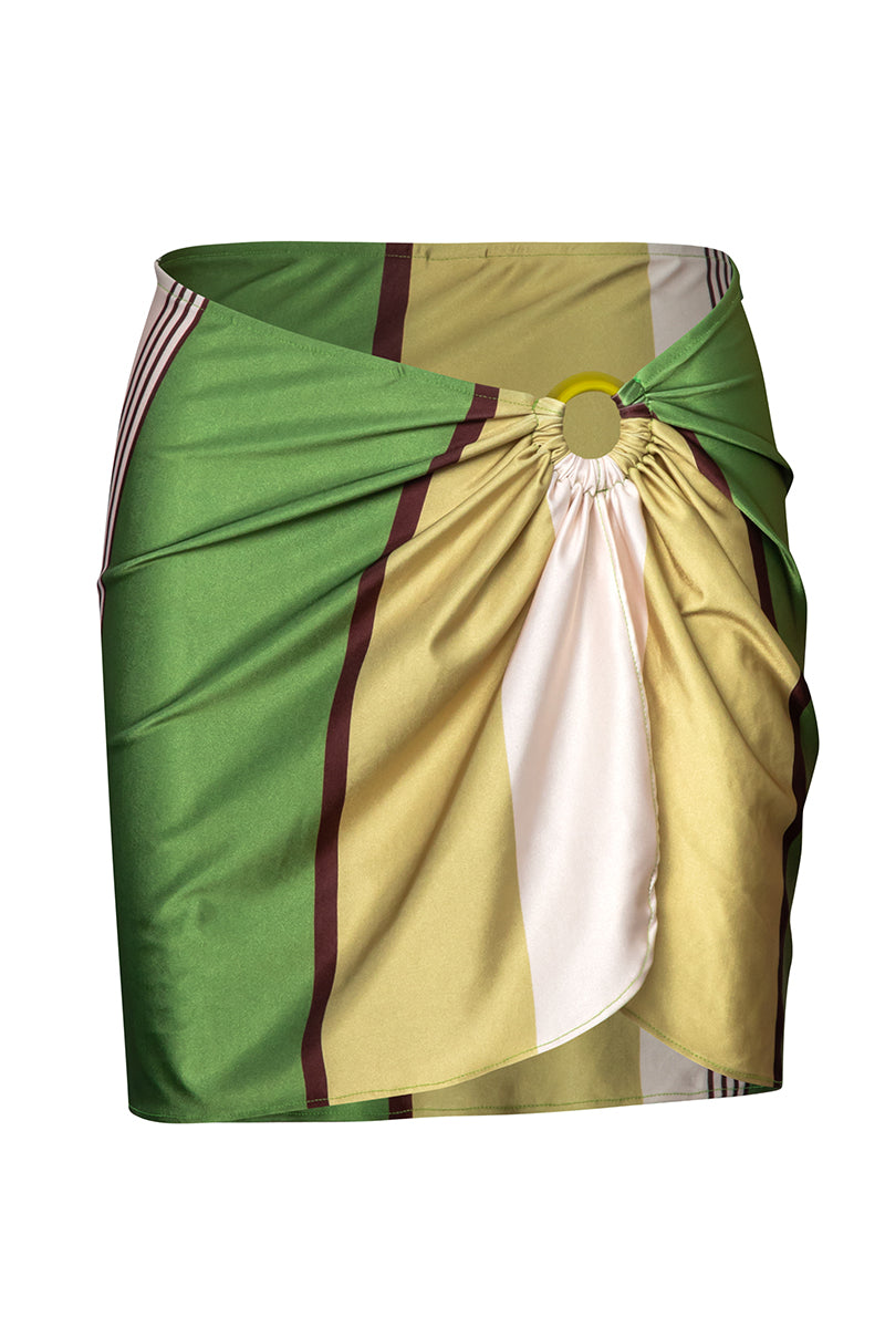 Baobab NERANO mini skirt in Limonata color, featuring a vibrant yellow design, displayed on a hanger against a white background.