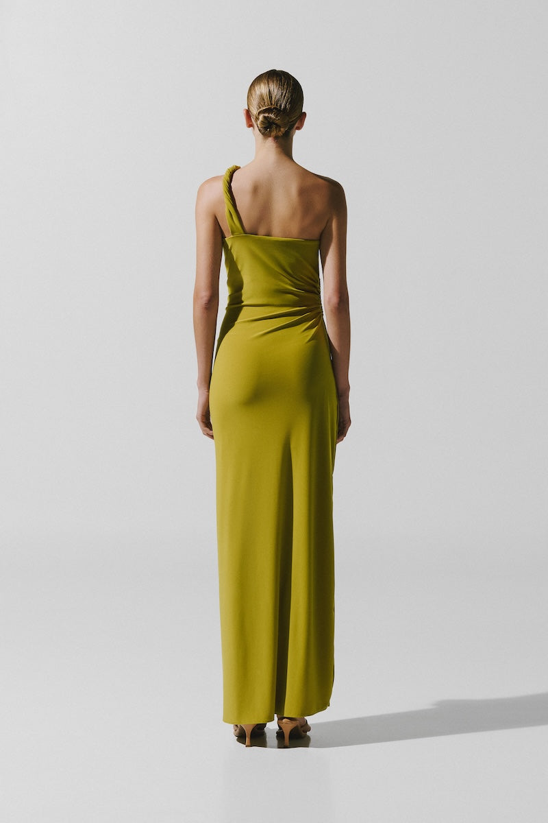 Baobab Celéle maxi dress in limoncello color, flowing fabric with a relaxed fit and shoulder straps, perfect for warm weather.