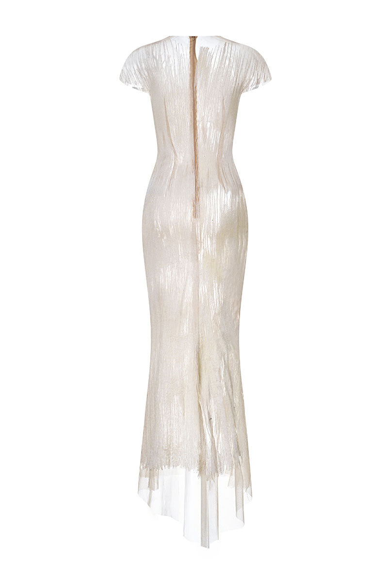 White artisanal Ember midi dress by Lecia featuring intricate details and a flowing silhouette, perfect for elegant occasions.