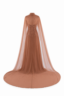 HACCHIC COUTURE Aurora cape gown in cinnamon rose, flowing elegant gown with intricate details and luxurious fabric.