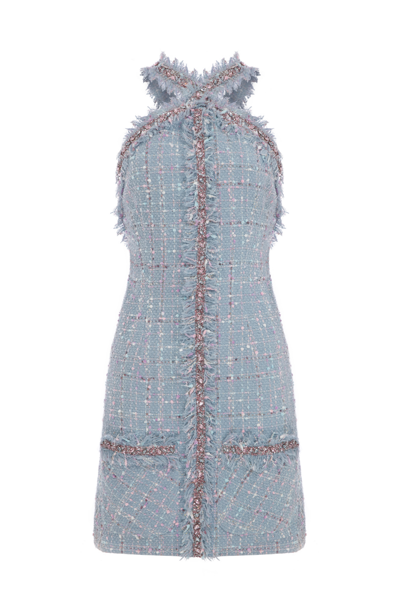 TWEED HALTER NECK MINI DRESS WITH RHINESTONE TRIMMINGS