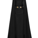 Black chiffon gown with gold belt by CEM, featuring flowing fabric and elegant design, suitable for formal occasions.