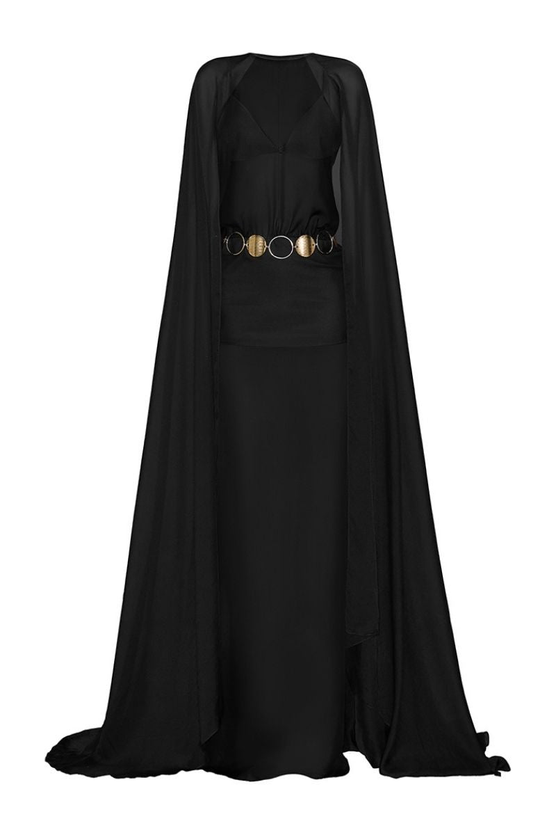BLACK CHIFFON GOWN WITH GOLD BELT - CULT MIA